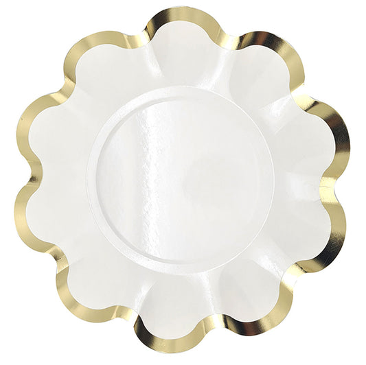 White & Gold Scalloped Edge Foil Stamped Paper Plates 21cm (Pack of 8)