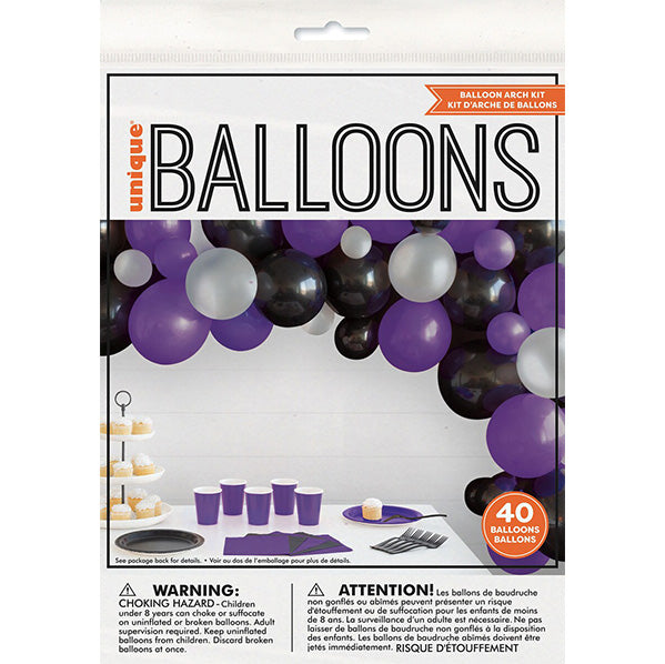 Balloon Arch Kit - Black, Purple & Silver (40 piece set)