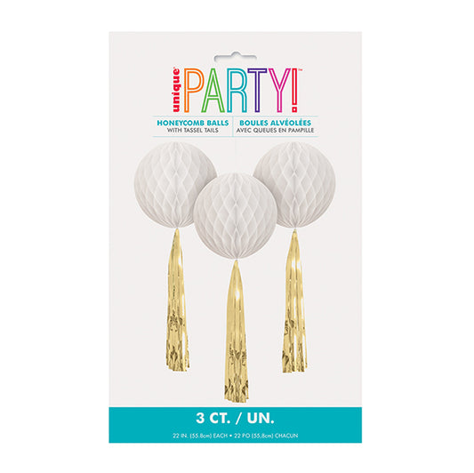 White & Gold Honeycomb Decorations with Tassel Tails - 55.8cm (Pack of 3)