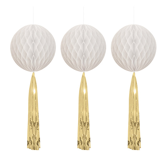 White & Gold Honeycomb Decorations with Tassel Tails - 55.8cm (Pack of 3)