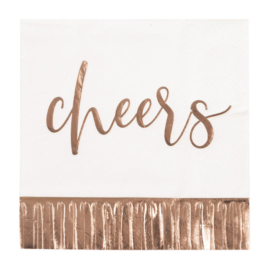 "Cheers" Rose Gold Foil Stamped Fringe Beverage Napkins (Pack of 16)