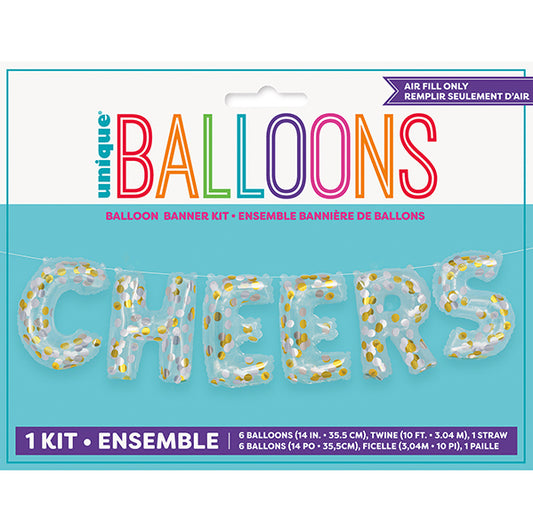 "Cheers" Clear Confetti Filled Foil Letter Balloon Banner Kit - 35.5cm