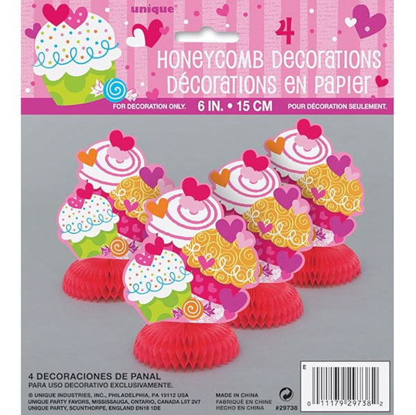 Cupcake Hearts Mini Honeycomb Decorations (Pack of 4)