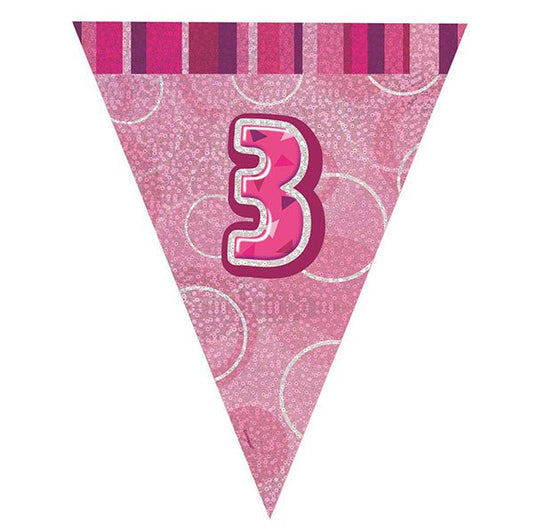 "3" Glitz Pink Flag Banner - 2.74m - The Party Marketplace