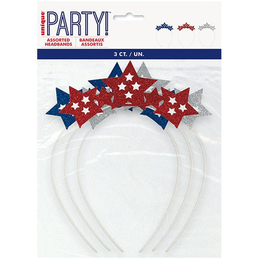 3 Star Party Headbands - Silver, Red & Blue - The Party Marketplace