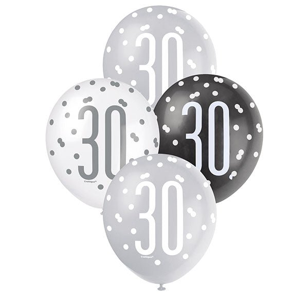 "30" Black, Silver & White Assorted Balloons 30cm (Pack of 6) - The Party Marketplace