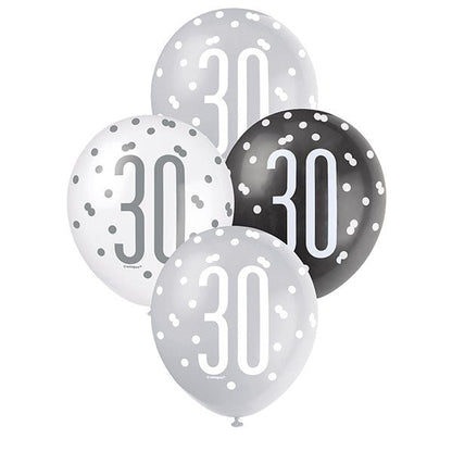 "30" Black, Silver & White Assorted Balloons 30cm (Pack of 6) - The Party Marketplace