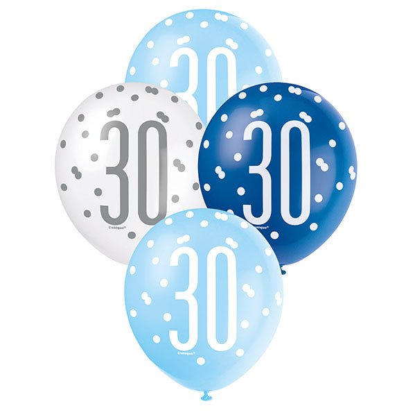 "30" Blue & White Assorted Balloons 30cm (Pack of 6) - The Party Marketplace