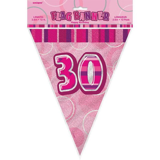 "30" Glitz Pink Flag Banner - 3.65m - The Party Marketplace