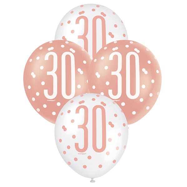 "30" Rose Gold & White Assorted Balloons 30cm (Pack of 6) - The Party Marketplace