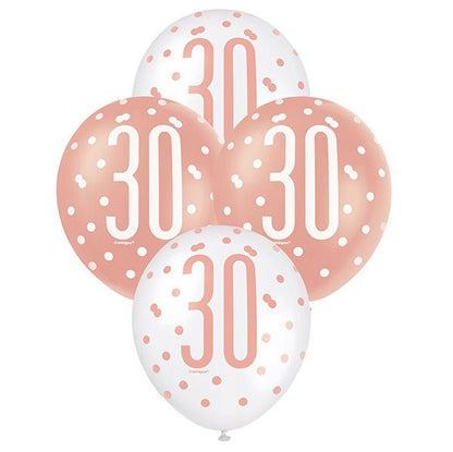 "30" Rose Gold & White Assorted Balloons 30cm (Pack of 6) - The Party Marketplace