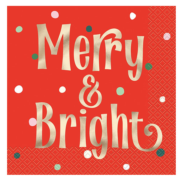 Vintage Christmas "Merry & Bright" Foil Stamped Luncheon Napkins (Pack of 16)