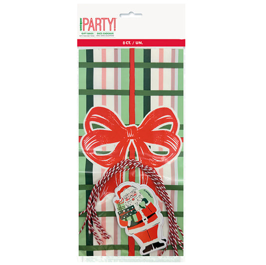 Plaid Christmas Cello Bags With Santa Shaped Gift Tag (Pack of 8)