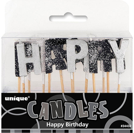 Glitz Black & Silver Glitter "Happy Birthday" Pick Candles