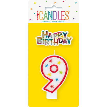 Numeral Candle with Happy Birthday Cake Topper - 9