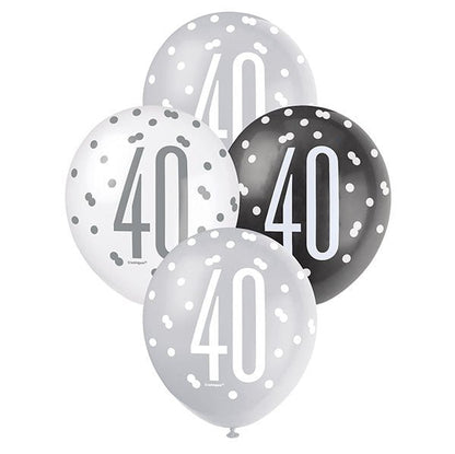 "40" Black, Silver & White Assorted Balloons 30cm (Pack of 6) - The Party Marketplace