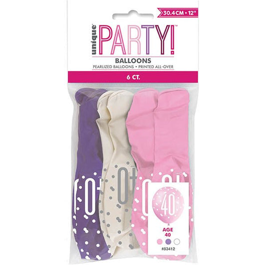 "40" Pink, Purple & White Assorted Balloons 30cm (Pack of 6) - The Party Marketplace