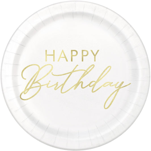 Gold "Happy Birthday" Foil Stamped Paper Plates 18cm (Pack of 8)