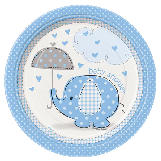 Umbrella Elephant Baby Shower - Blue Paper Plates 18cm (Pack of 8)