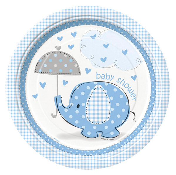 Umbrella Elephant Baby Shower - Blue Paper Plates 23cm (Pack of 8)