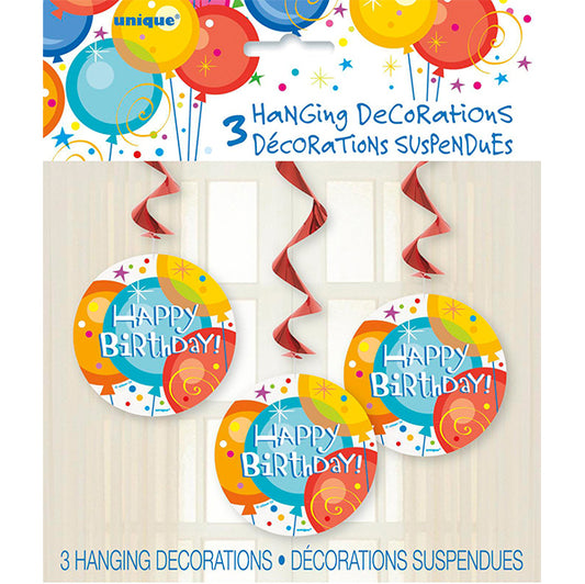 Bright "Happy Birthday" Hanging Swirl Decorations (Pack of 3)