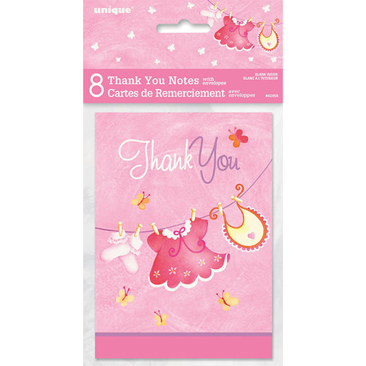 Clothesline Pink Baby Shower - Thank You Notes (Pack of 8)