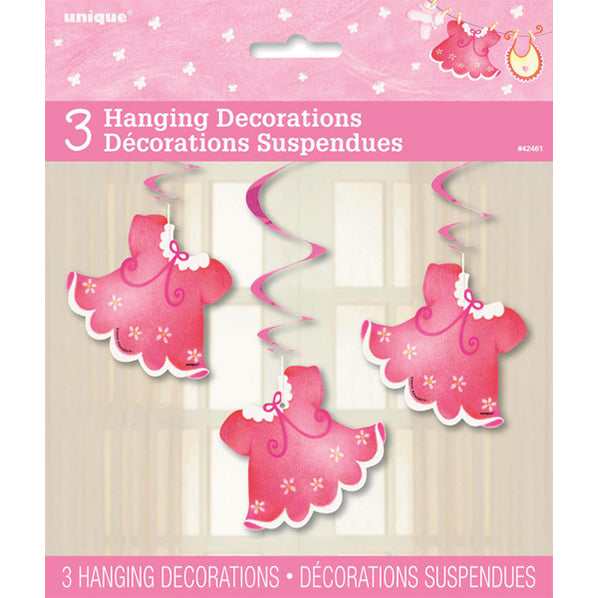 Pink Clothesline "It's A Girl" Hanging Swirl Decorations (Pack of 3)