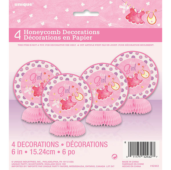 Clothesline Pink "It's A Girl" Mini Honeycomb Decorations (Pack of 4)