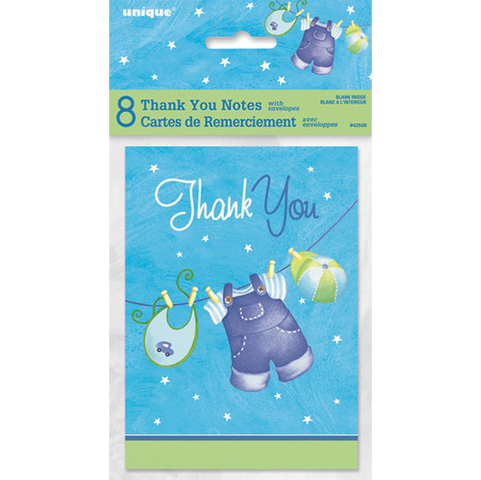 Clothesline Blue Baby Shower - Thank You Notes (Pack of 8)