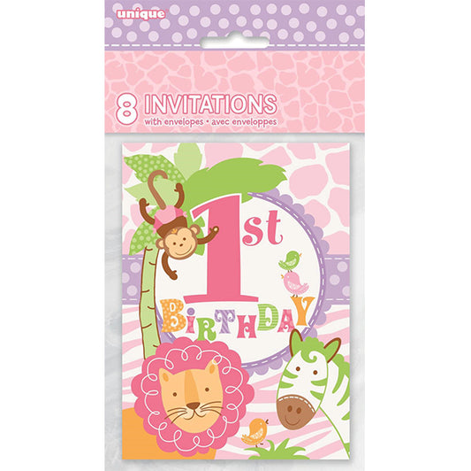 Pink Safari 1st Birthday Invitations (Pack of 8)