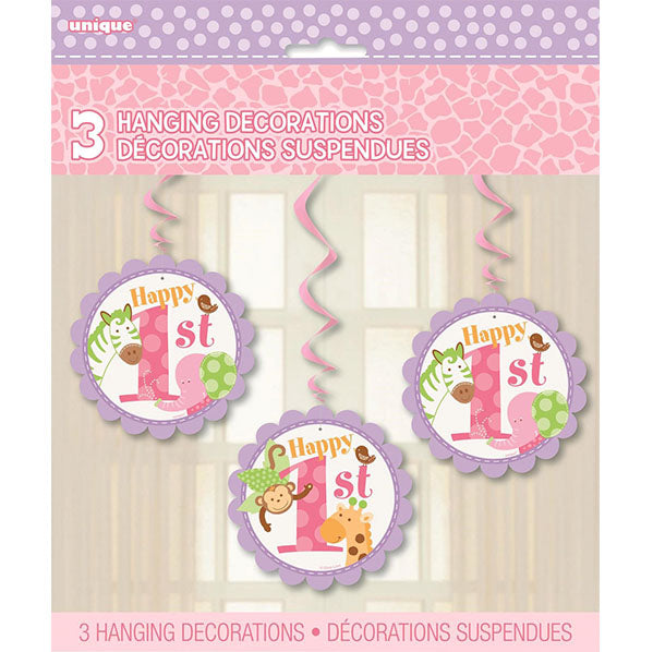 Pink Safari "1st Birthday" Hanging Swirl Decorations (Pack of 3)