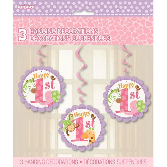 Pink Safari "1st Birthday" Hanging Swirl Decorations (Pack of 3)