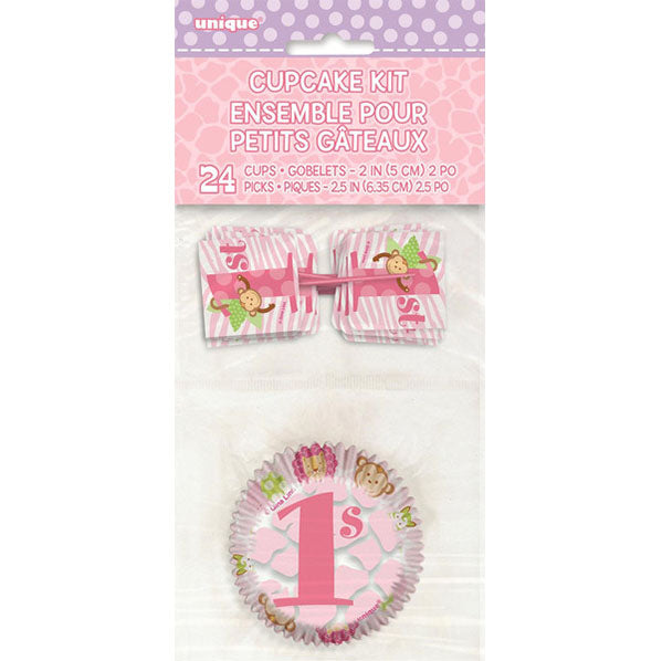 Pink Safari "1st Birthday" Cupcake Kit (For 24)