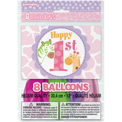 "1st Birthday" Pink Safari Assorted Colour Balloons 30cm (Pack of 8)