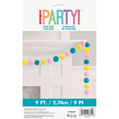 Felt Pom Pom Garland - Pink, Yellow & Teal (2.74m)