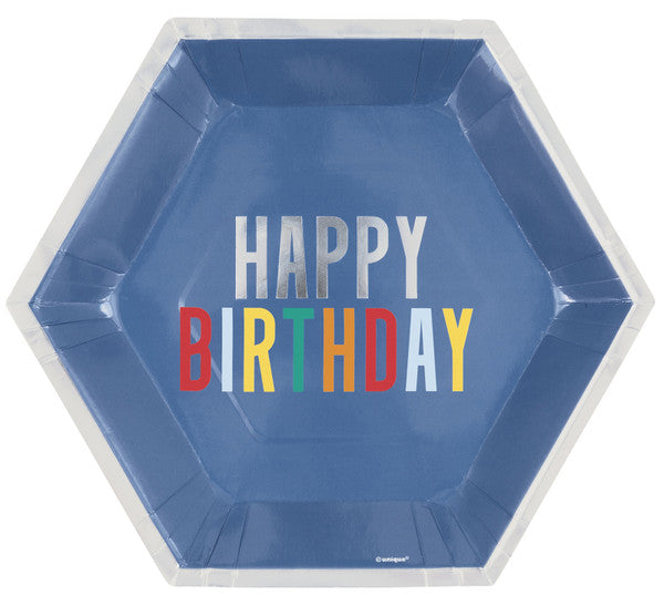 "Happy Birthday" Dots Foil Stamped Hexagonal Shaped Paper Plates 23.4cm (Pack of 8)