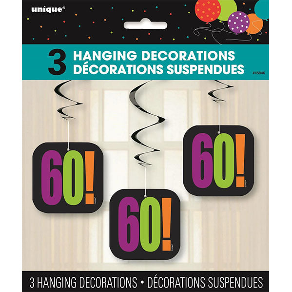 Birthday Cheer "60" Hanging Swirl Decorations (Pack of 3)