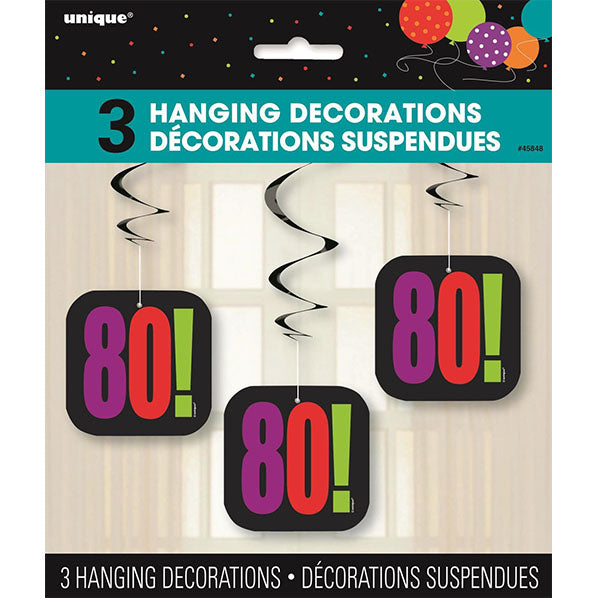 Birthday Cheer "80" Hanging Swirl Decorations (Pack of 3)