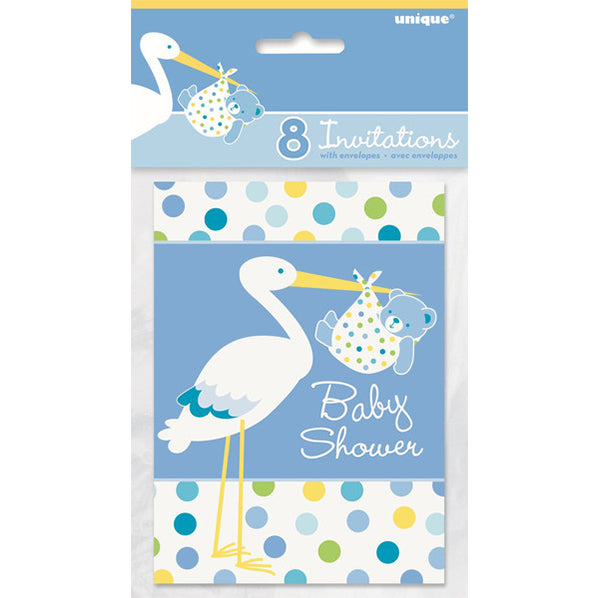 Baby Shower Stork Blue Invitations (Pack of 8)