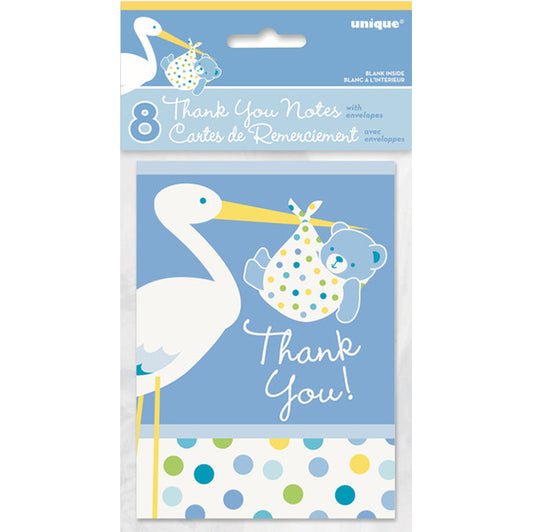 Baby Shower Stork Blue - Thank You Notes (Pack of 8)