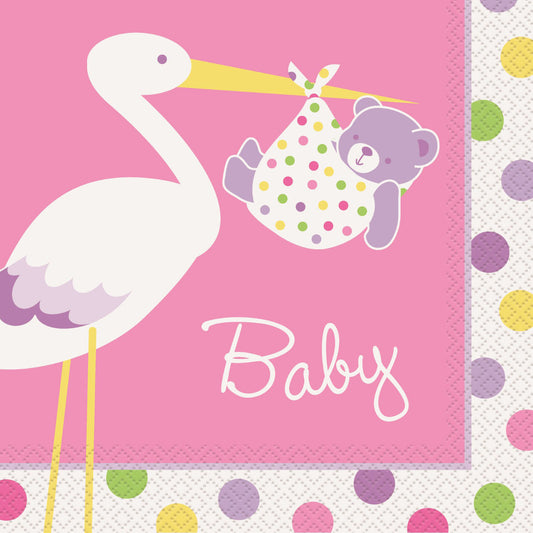 Baby Girl Stork Luncheon Napkins (Pack of 16)