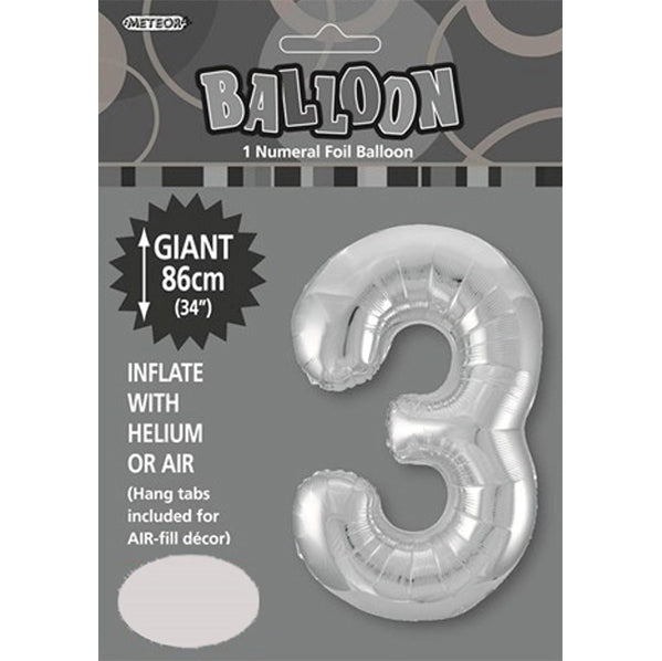 Silver "3" Numeral Foil Balloon (86cm)