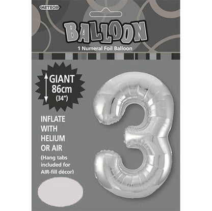 Silver "3" Numeral Foil Balloon (86cm)