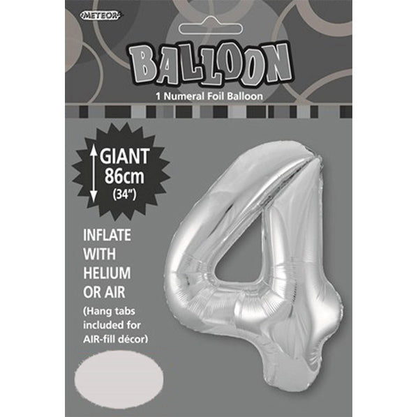 Silver "4" Numeral Foil Balloon (86cm)