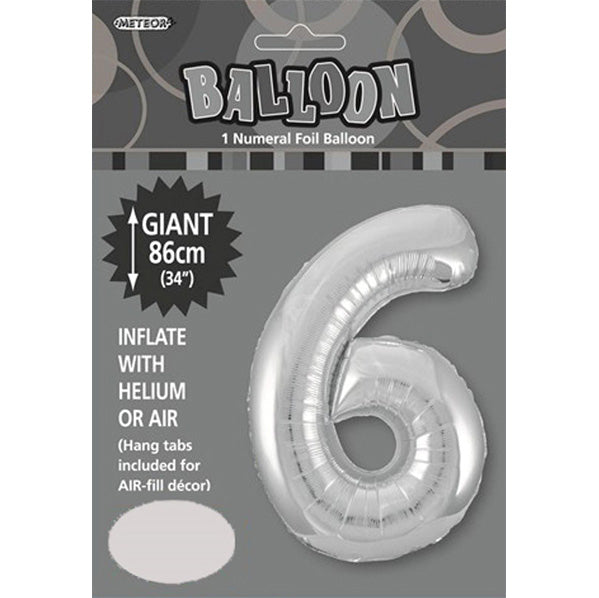 Silver "6" Numeral Foil Balloon (86cm)