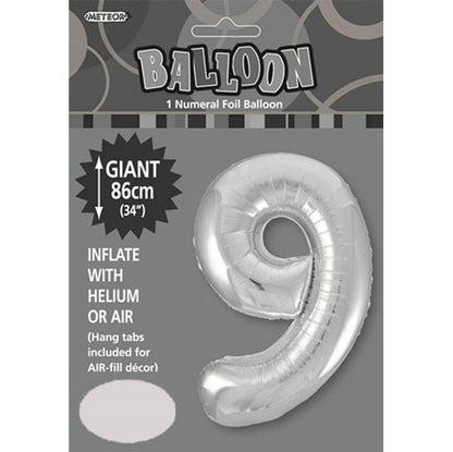 Silver "9" Numeral Foil Balloon (86cm)