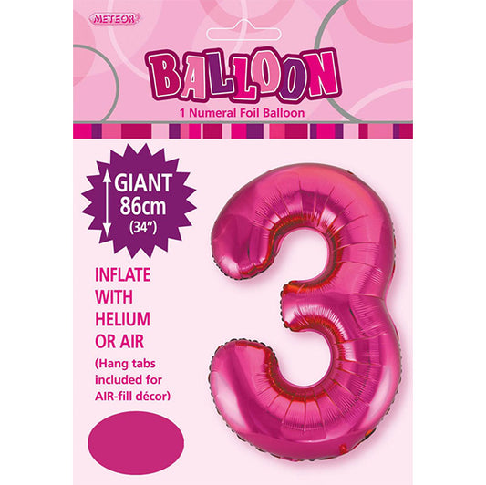 Hot Pink "3" Numeral Foil Balloon (86cm)