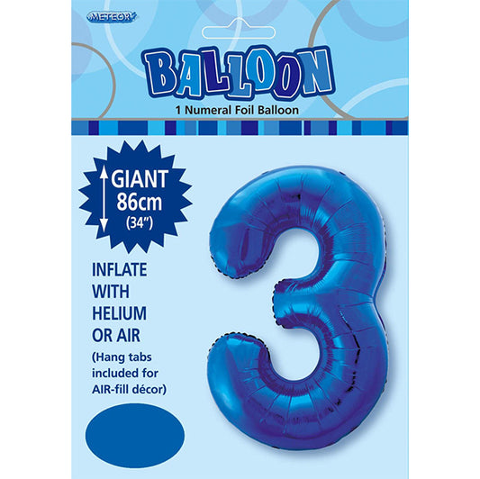 Royal Blue "3" Numeral Foil Balloon (86cm)