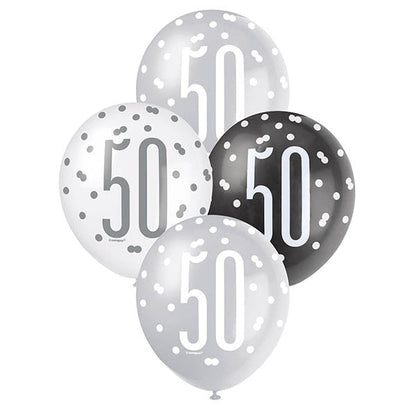 "50" Black, Silver & White Assorted Balloons 30cm (Pack of 6) - The Party Marketplace