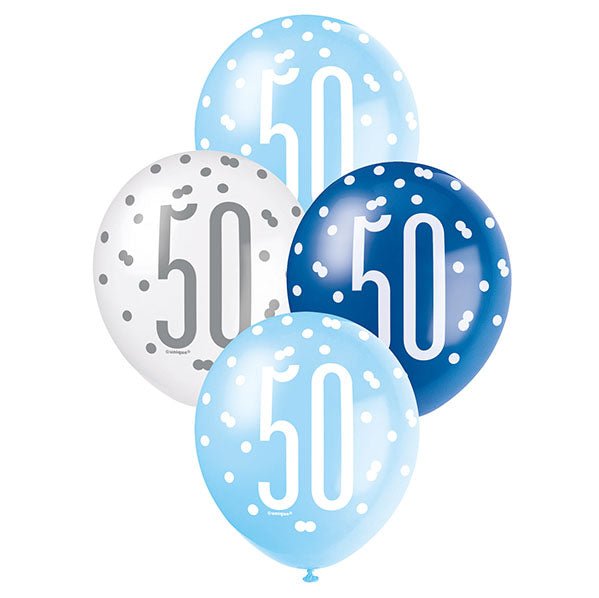 "50" Blue & White Assorted Balloons 30cm (Pack of 6) - The Party Marketplace